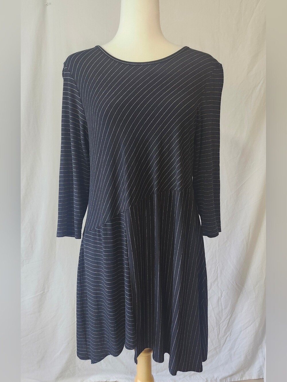 Blue Sky Bamboo Blend Striped Black Swing Mini Dress/long Tunic with 3/4 Sleeves